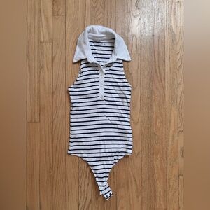 Abercrombie & Fitch White Polo Bodysuit with Navy Stripes size small